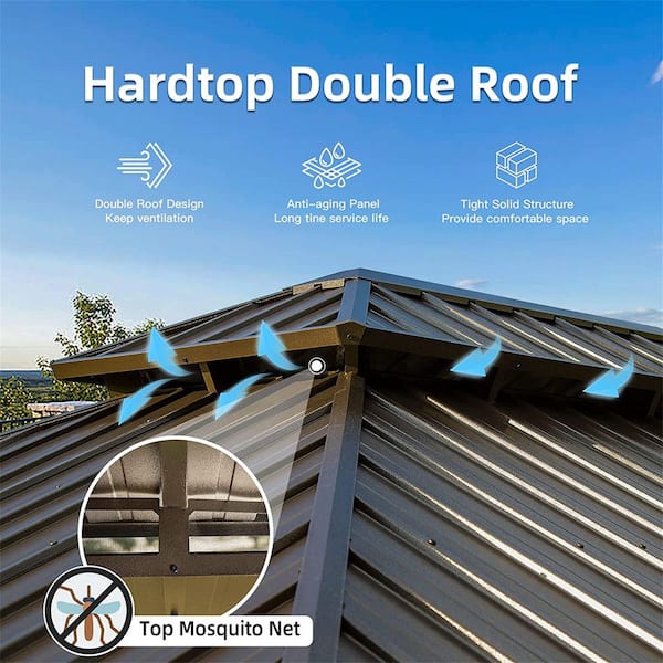 12 ft. x 16 ft. Wooden Coated Aluminum Frame Canopy with Galvanized Steel Roof with Curtains,Netting and Hooks