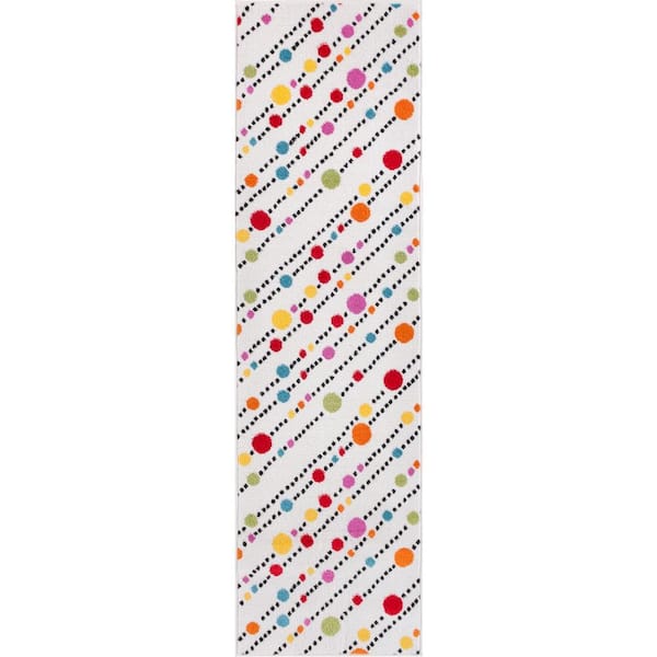 StarBright Dandy Dots and Stripes White 2 ft. x 7 ft. Kids Runner Rug