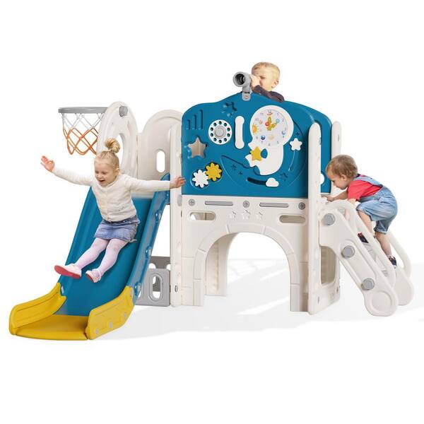 SEEUTEK Arba 5 ft. 10 in 1 Blue Yellow Toddler Wave Slide, Astronaut Themed Baby Slide for Toddlers Aged 1-3, Toddler Playset