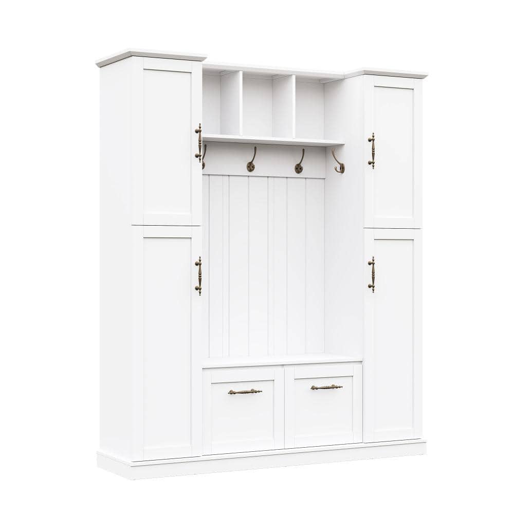 Nestfair All-in-One White Hall Tree with 4 Side Cabinets