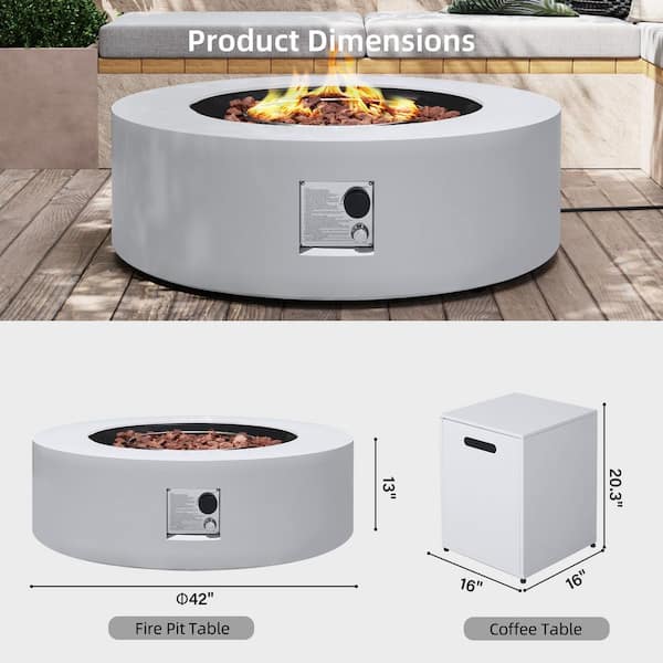 42 in. Outdoor Round Iron White Fire Pit Table with Propane Tank Holder