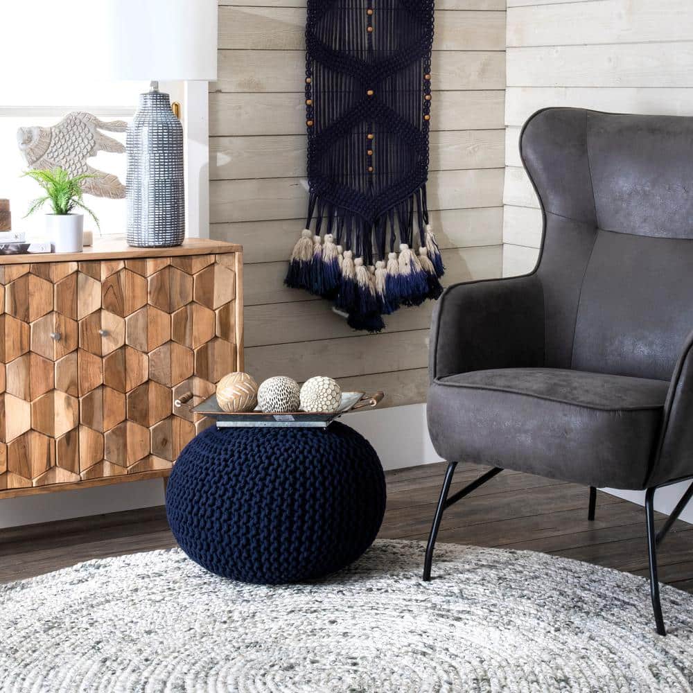 Navy Round Knit Ottoman Pouf