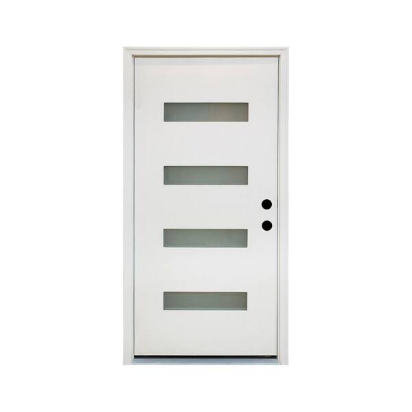 36 in. x 80 in. 4-Lite Left-Hand Frosted Glass White Fiberglass Prehung Front Door with Threshold, Hinges