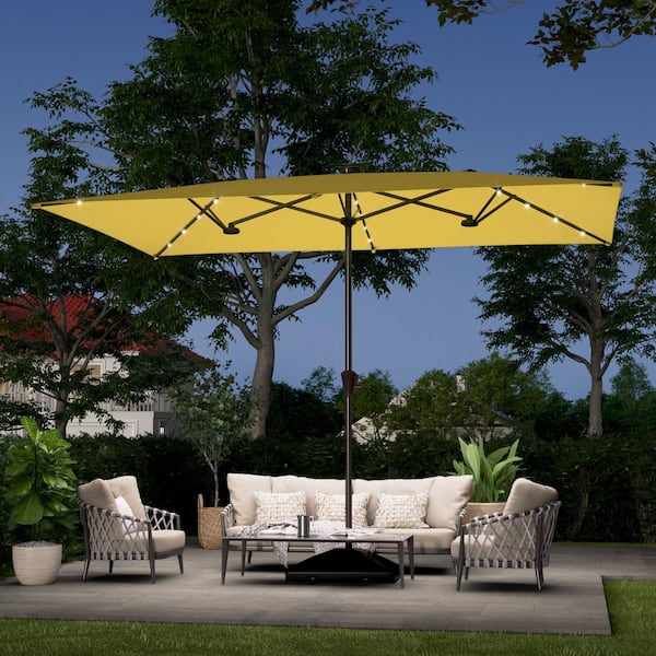 10 ft. x 6.5 ft. Steel LED Large Double-Sided Rectangular Outdoor Market Patio Umbrella with Crank in Yellow