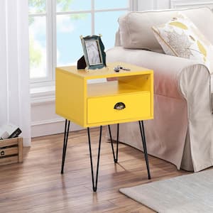 Nightstand 2-Tier Industrial End Side Table with Open Compartment & 1 Drawer, Yellow，23.7"Tx15.7"Wx15.7"L