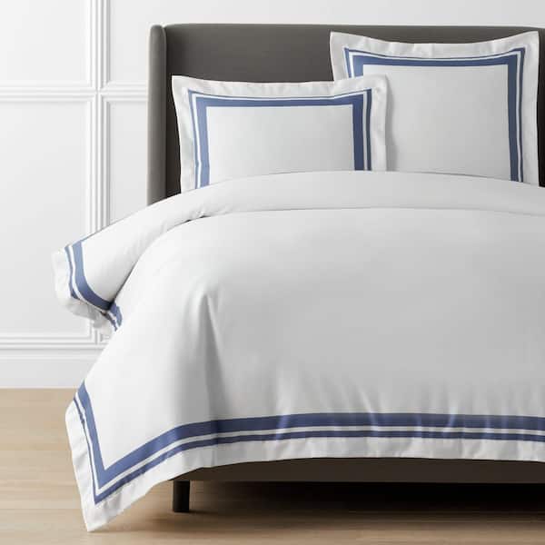 The Company Store Legends Hotel Supima Double Border Blue Dusk King/California King Wrinkle-Free Sateen Duvet Cover