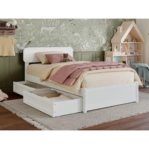 Capri White Solid Wood Frame Twin Platform Bed with Panel Footboard and Storage Drawers