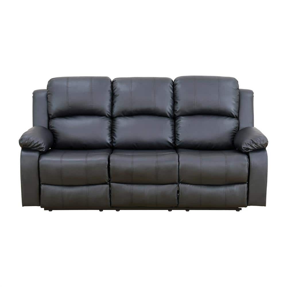 78.5 in. W Round Arm Faux Leather Rectangle Reclining Sofa in. Black