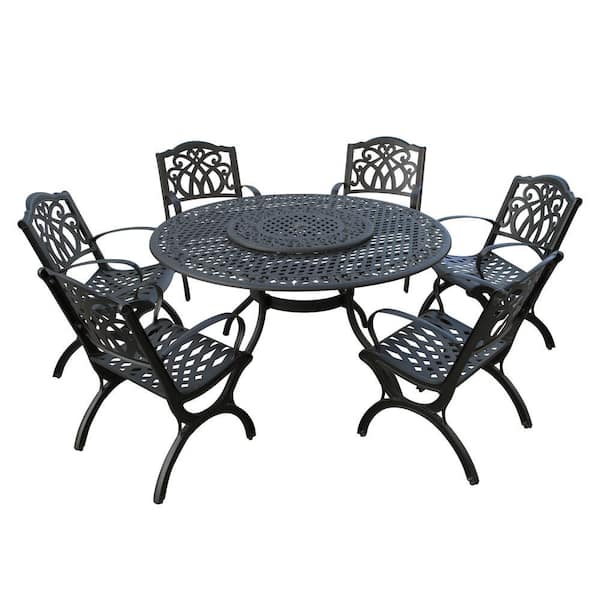 Black 7-Piece Aluminum Round Mesh Outdoor Dining set with 6-Chairs and Lazy Susan