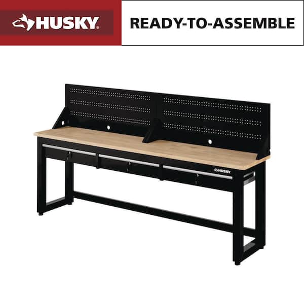 Ready-To-Assemble 96 in. W x 20 in. 3-Drawer Black Workbench with Solid Wood Top and Pegboard