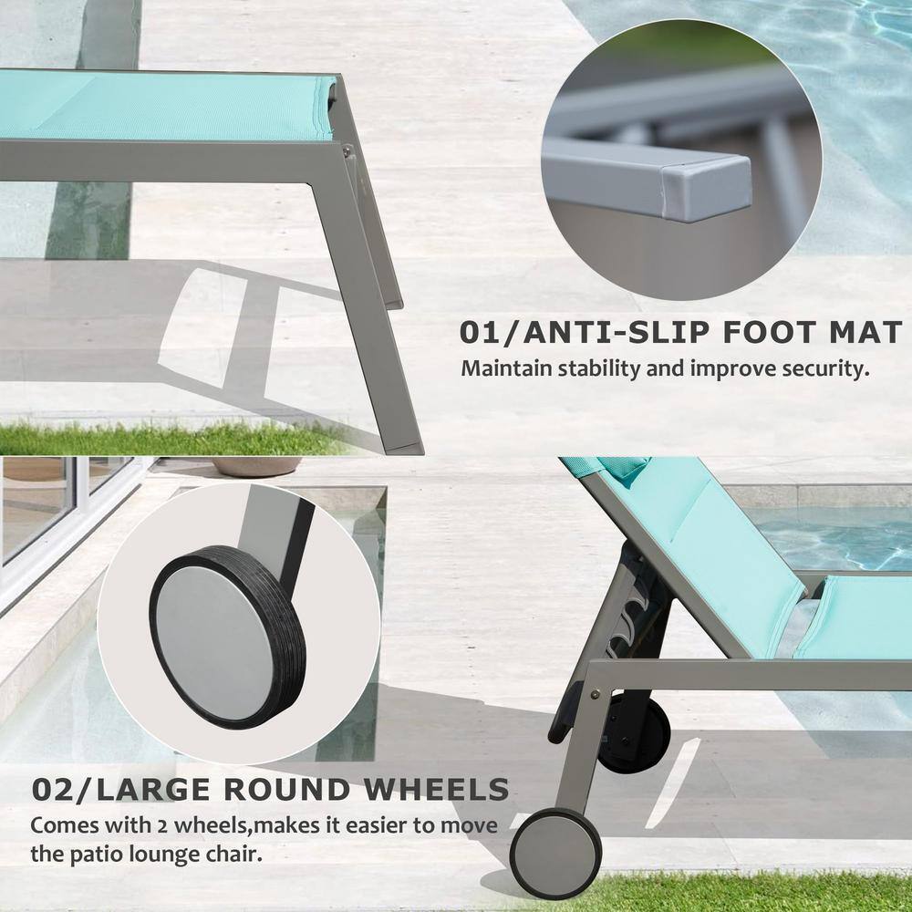 Lake Blue Aluminum Armless Chaise Lounge Set with Wheels
