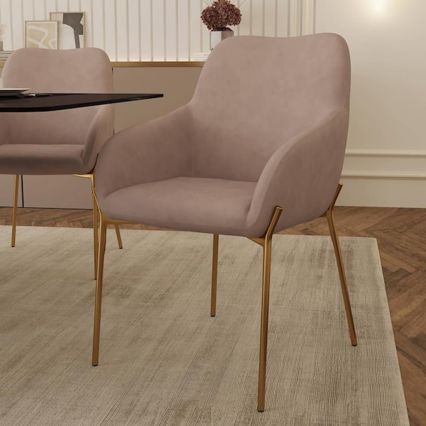 Leisuremod Zaire Dining Chair Upholstered in Fabric With Gold Chrome Legs, Taupe