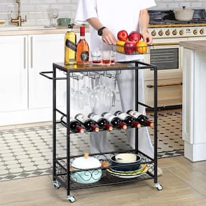 3-Tier Bar Serving Wine Cart, Industrial Style Kitchen Serving Cart 2-Bottles