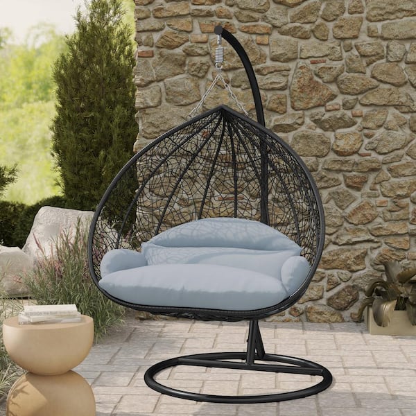 2-Person Egg Swing Chair in Black Stainless Steel Porch Swing with Stand for Outdoor and Indoor in Light Grey