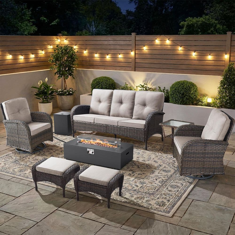 SleekArm 8-Piece Brown Wicker Fire Pit Conversation Set with Olefin Beige Cushions and Couch/ Patio Swivel Chairs price history on PriceWatchPro