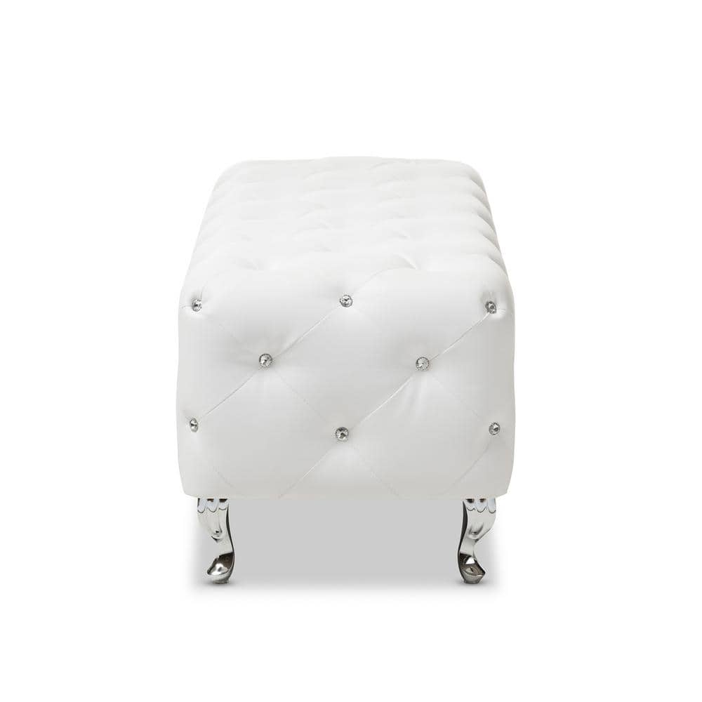 Stella Crystal-Tufted White Faux Leather Modern Bench