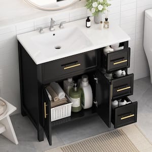 36 in. W x 18.3 in. D x 33.9 in. H Single Sink Freestanding Bath Vanity in Black with White Ceramic Top and Storage