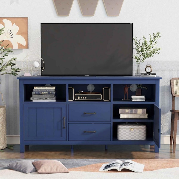 Polibi Modern Navy TV Stand Fits TV's Up to 68 in. with 2 Doors and 2 Drawers Open Style Cabinet