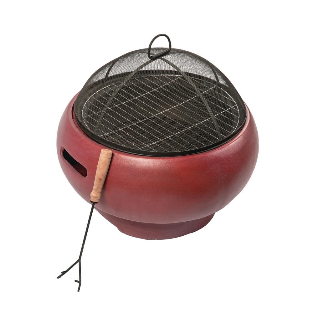 Maroon Round Wood Burning Fire Pit with Faux Concrete Base