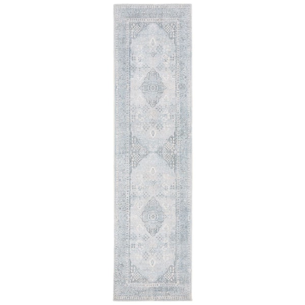 Restoration Vintage 2 ft. x 9 ft. Gray/Light Blue Ornate Border Runner Rug