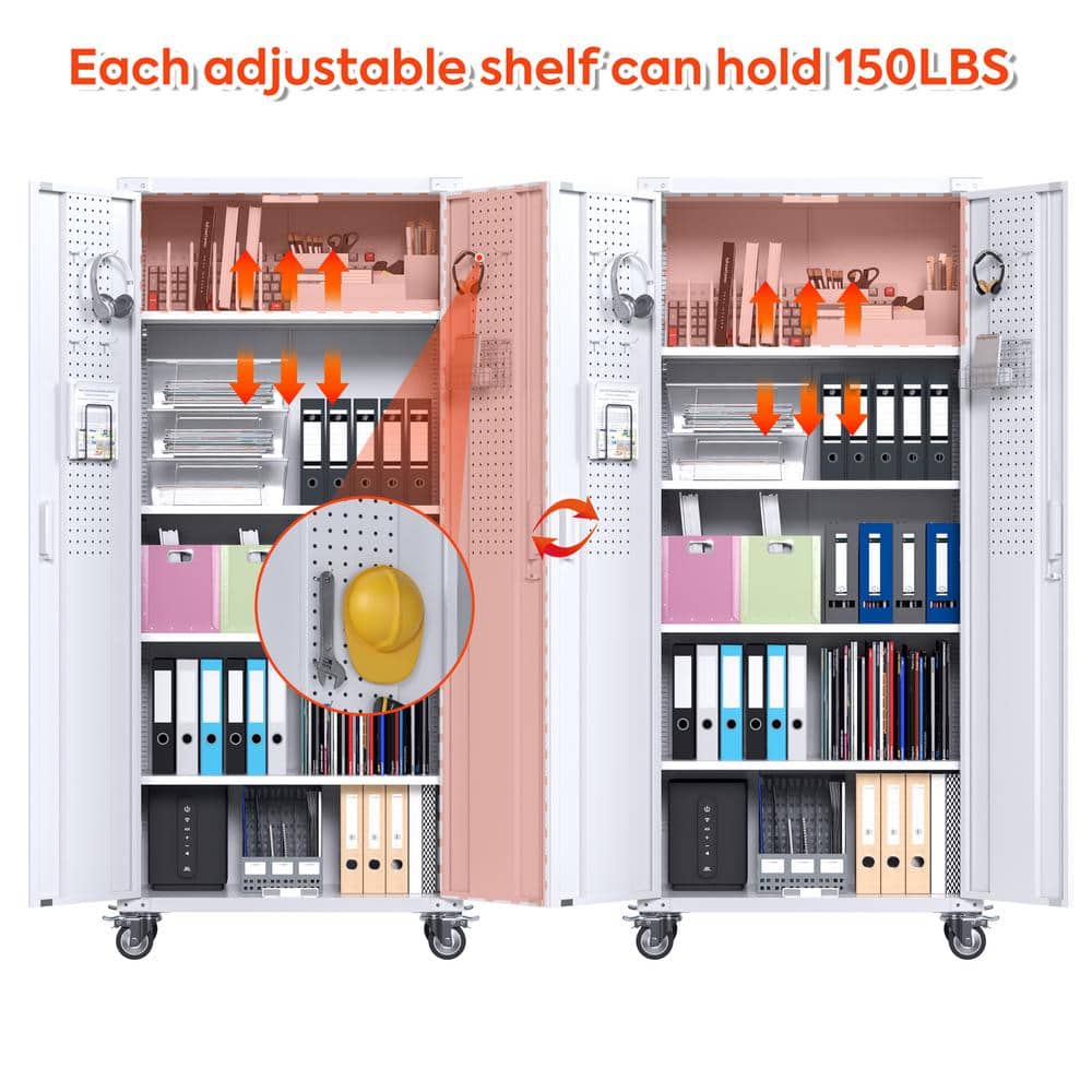 72-Inch White Metal Freestanding Lockable Office Cabinet with Adjustable Shelving