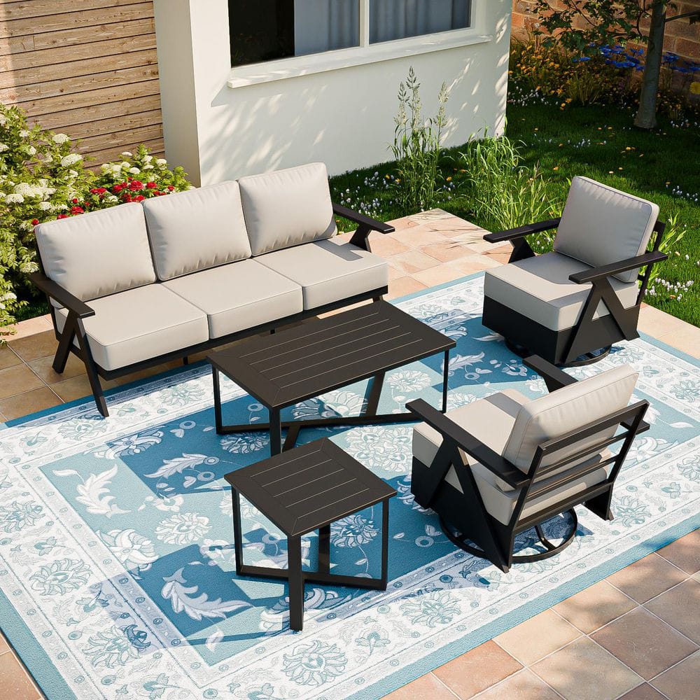 5-Piece Black Aluminum Patio Conversation Set Swivel Chair with Beige Cushions and Coffee Table price history on PriceWatchPro