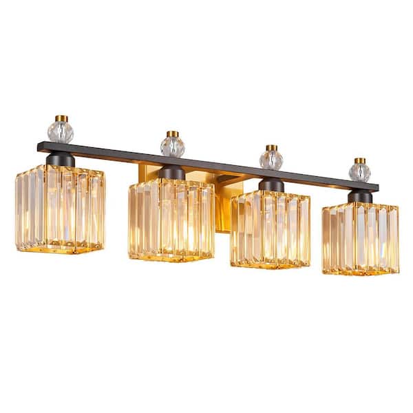 Home Lighting 28.34 in. 4-Light BlackGold Square Modern Crystal Vanity Light Fixtures Over Mirror For Bathroom (JW-290)