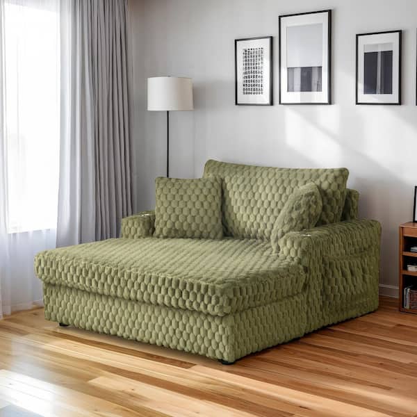 Nattel Olive Green Chenille Cushion Back and 2 Track Arms Chaise Lounge with Cup Holders