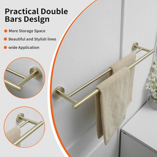 24 in. Stainless Steel Double Wall Mounted Towel Bars for Bathroom Towel Holder in Brushed Gold
