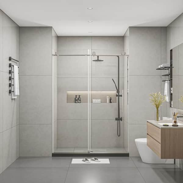 MEDUNJESS BradF 60 in. W x 76 in. H Sliding Frameless Shower Door in Brushed Nickel with 3/8 in. (10mm) Tempered Clear Glass