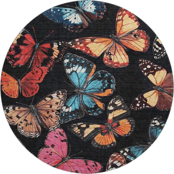 Mayfield Premium Machine Washable Abstract AMF2201 Black 8 ft. x 8 ft. Round Rug