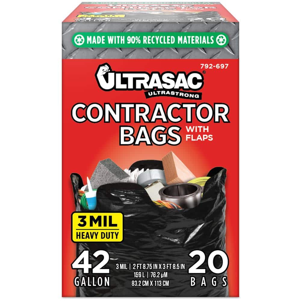 3 MIL 33" x 45" 20 PACK /w FLAP TIES Ultrasac Contractor Bags 42 Gallon 