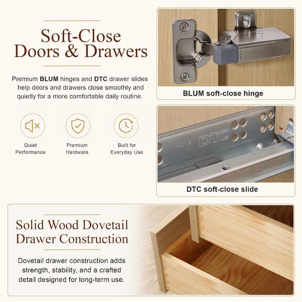 36 in. Freestanding Solid Wood Oak-Brushed Nickel Handle Bath Vanity with White Quartz Top Assembled, Dovetail Drawer