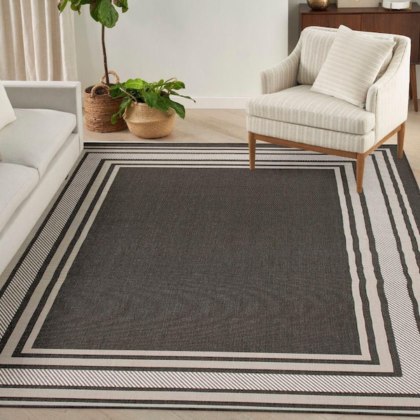 Horizon Indoor/Outdoor Black 8 ft. x 10 ft. Bordered Contemporary Area Rug