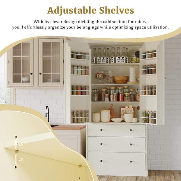 Adrinfly 35 in. W x 17.7 in. D x 77 in. H in Cream MDF Ready to Assemble Kitchen Cabinet with 3 Adjustable Shelves and 3-Drawers