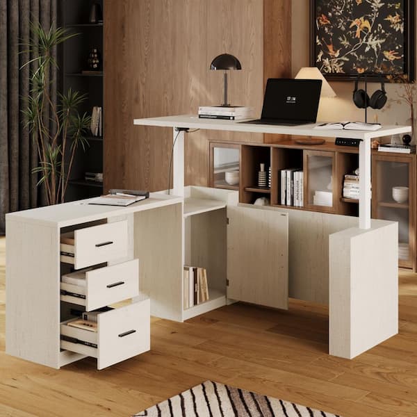 FUFU&GAGA 63 in. L-Shaped Cream White Wood Grain Electric