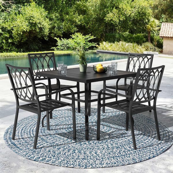 Black 5-Piece Iron Outdoor Dining Set, 4 Stackable Chairs and 37 in. Square Dining Table with Umbrella Hole