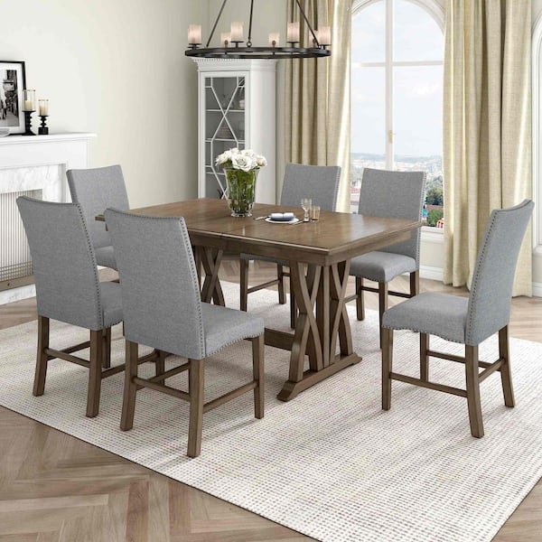 7-Piece Mid-Century Gray Extendable Wood Top Dining Room Set Seats 6