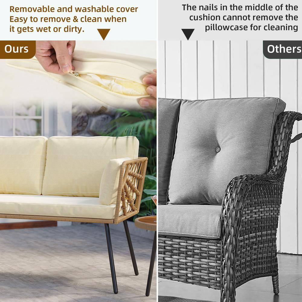 Beige Wicker and Iron Two-Seat Patio Sectional Sofa