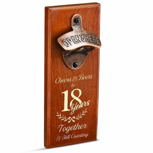 18th Wedding Anniversary Wood Wall Bottle Opener with Magnetic Cap Catcher and Engraved Keepsake Design