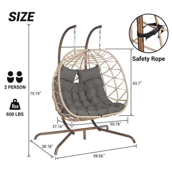2-Person Beige Wicker Outdoor Porch Swing Chair with Stand Hanging