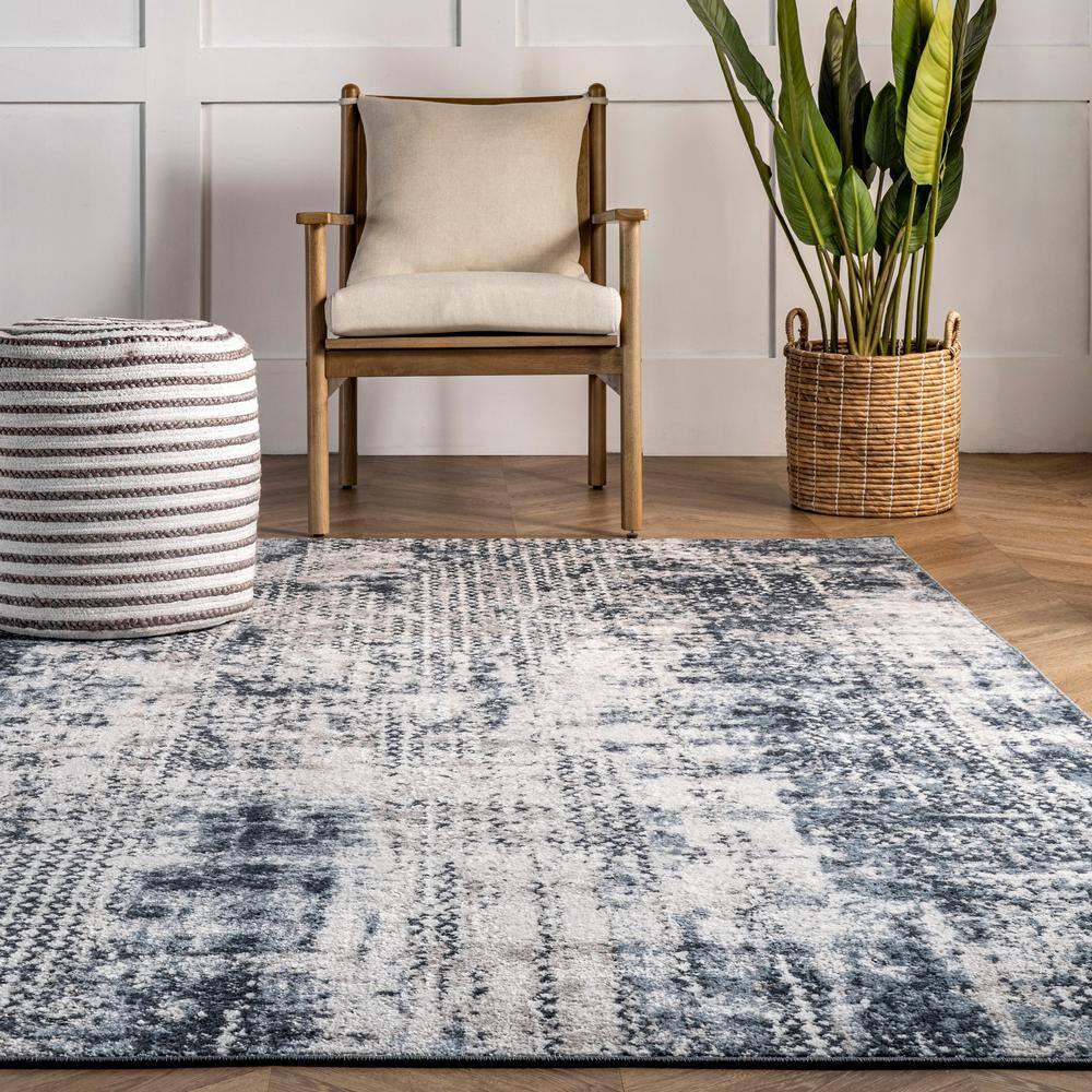 Reversible Abstract Blue Synthetic 4' x 6' Easy-Care Area Rug