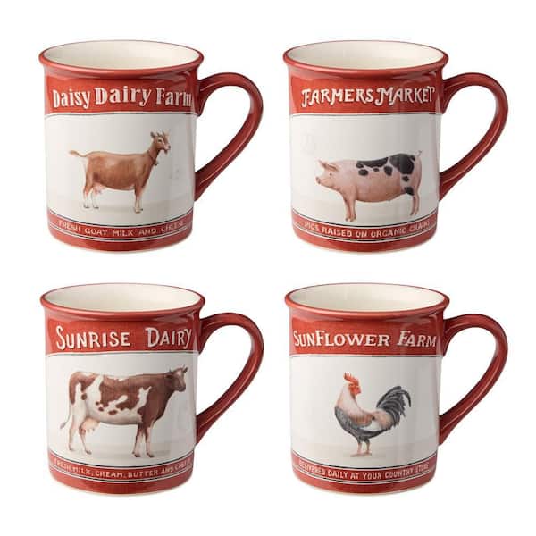 16 fl. oz. Multi-Colored Vintage Farm Ceramic Mug (Set of 4)