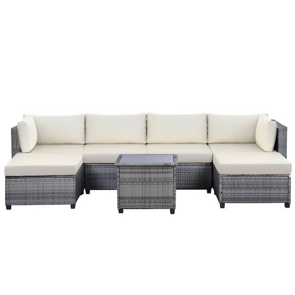 DIRECT WICKER Rome 7-Piece Rattan Sectional Patio Outdoor Seating Group with Beige Cushions