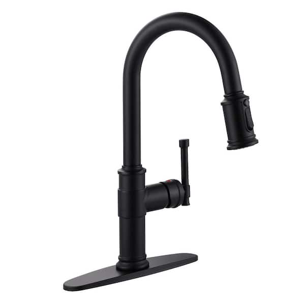 WOWOW Matte Black 16.2 in. Single Handle Pull Down Sprayer Kitchen Faucet with 360° Spout Swivel in Stainless Steel