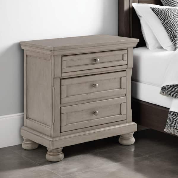 Benjara Ryno Gray 2-Drawer 28.75 in. W Nightstand with Pull Out Tray and Round Knobs