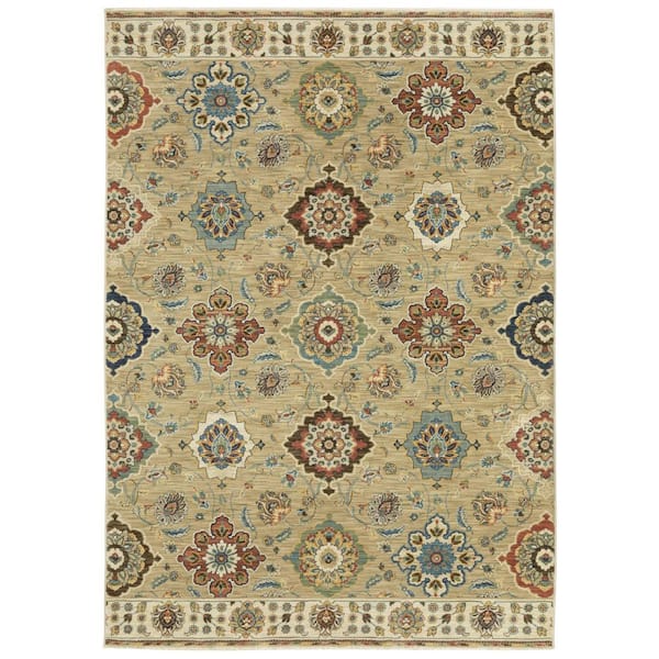 2' X 3' Tan Light Blue And Orange Floral Area Rug With Fringe