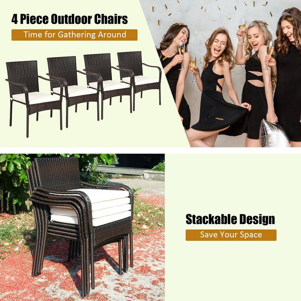 Set of 4 Brown Rattan Outdoor Dining Chairs with White Cushions