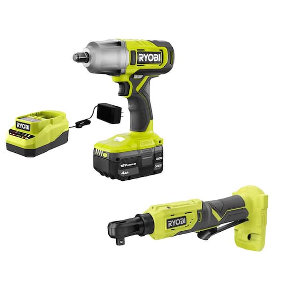 RYOBI ONE+ 18V Cordless 2-Tool Combo Kit with 1/2 in. Impact Wrench, 3/8 in. Ratchet, 4.0 Ah Battery, and Charger