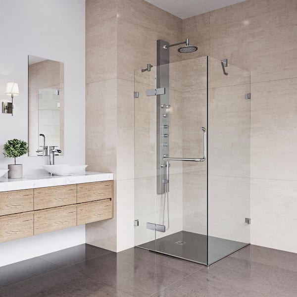 VIGO Monteray 34 in. L x 34 in. W x 73 in. H Frameless Pivot Square Shower Enclosure in Chrome with 3/8 in. Clear Glass